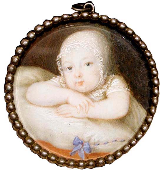 "Baby, lying on a pad", miniature on ivory Item ID 2142