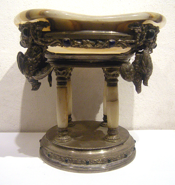 Antique silver and onyx bowl with hunting motifs , decorated with semiprecious stones