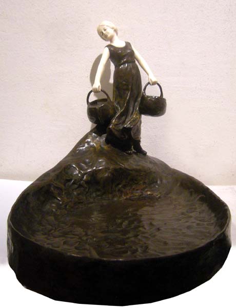 "Beautiful Water Carrier", original Vienna Art Nouveau bronze/ivory bowl for business cards Item ID 3105