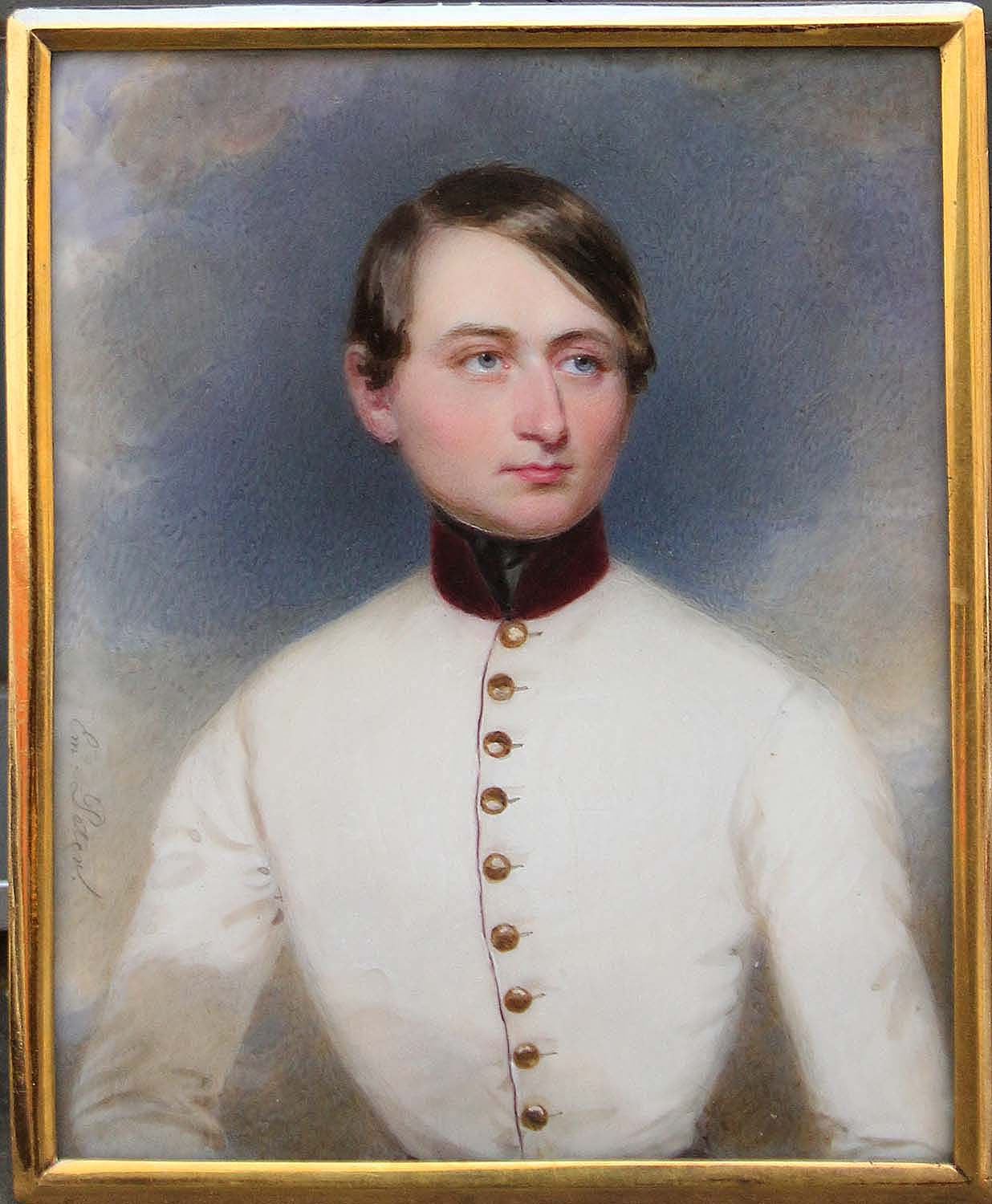Portrait miniature of a young officer of an Austrian infantry regiment, half-length, in a white coat with red collar